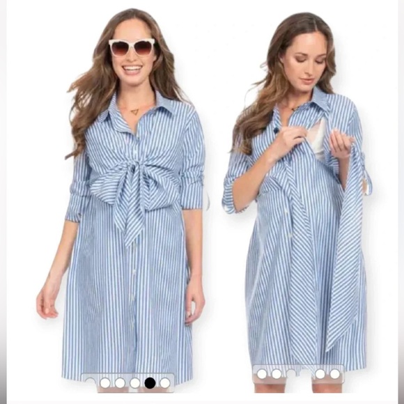 Seraphine Dresses & Skirts - Seraphine Blue and White Striped Maternity/Nursing Shirt Dress